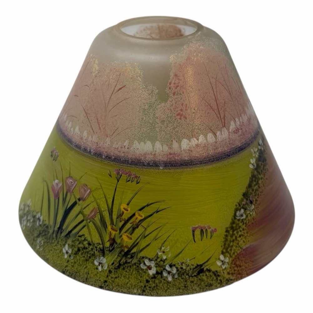Vintage Hand Painted Glass Lamp Shade Floral Garden Flowers Fence 5 1/2"